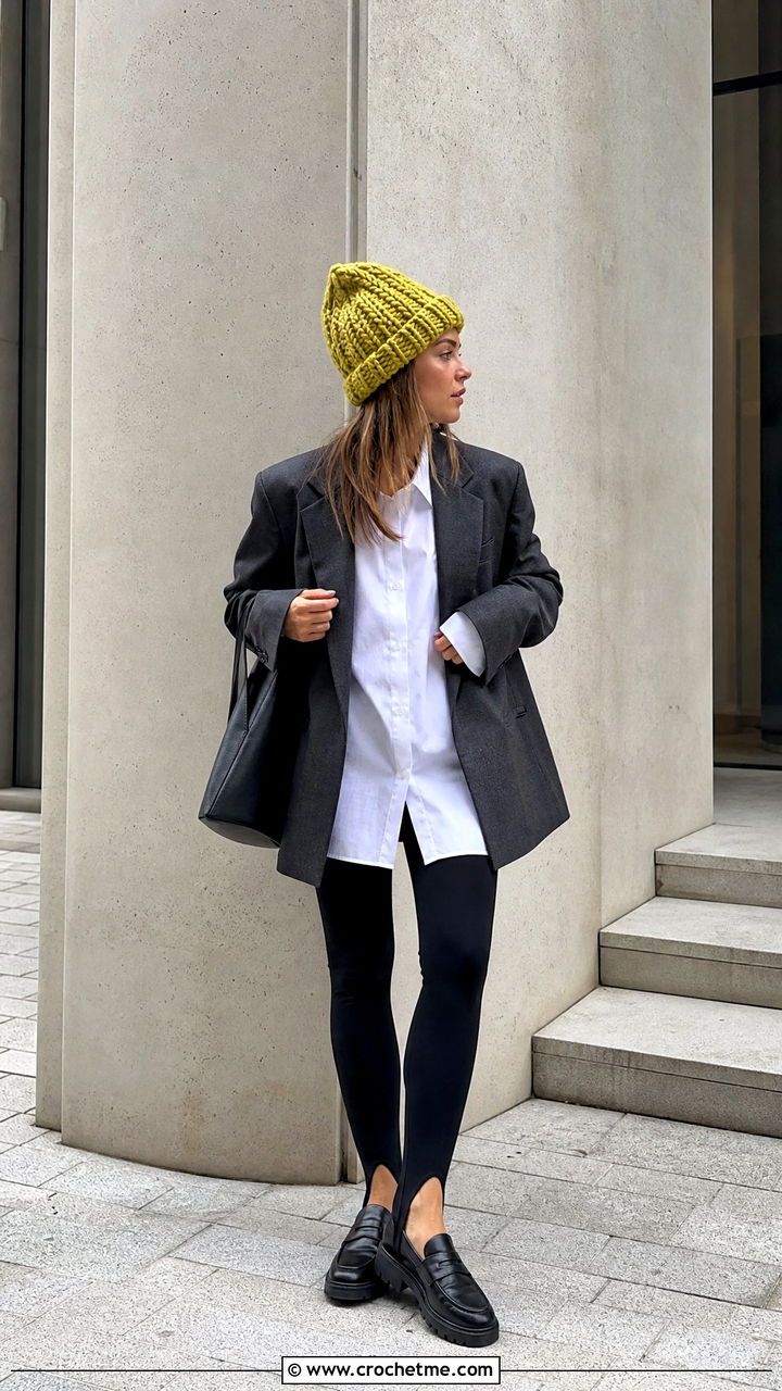 Oversized Crochet Beanie With Blazer And Leggings - 35 aesthetic crochet beanie outfit ideas