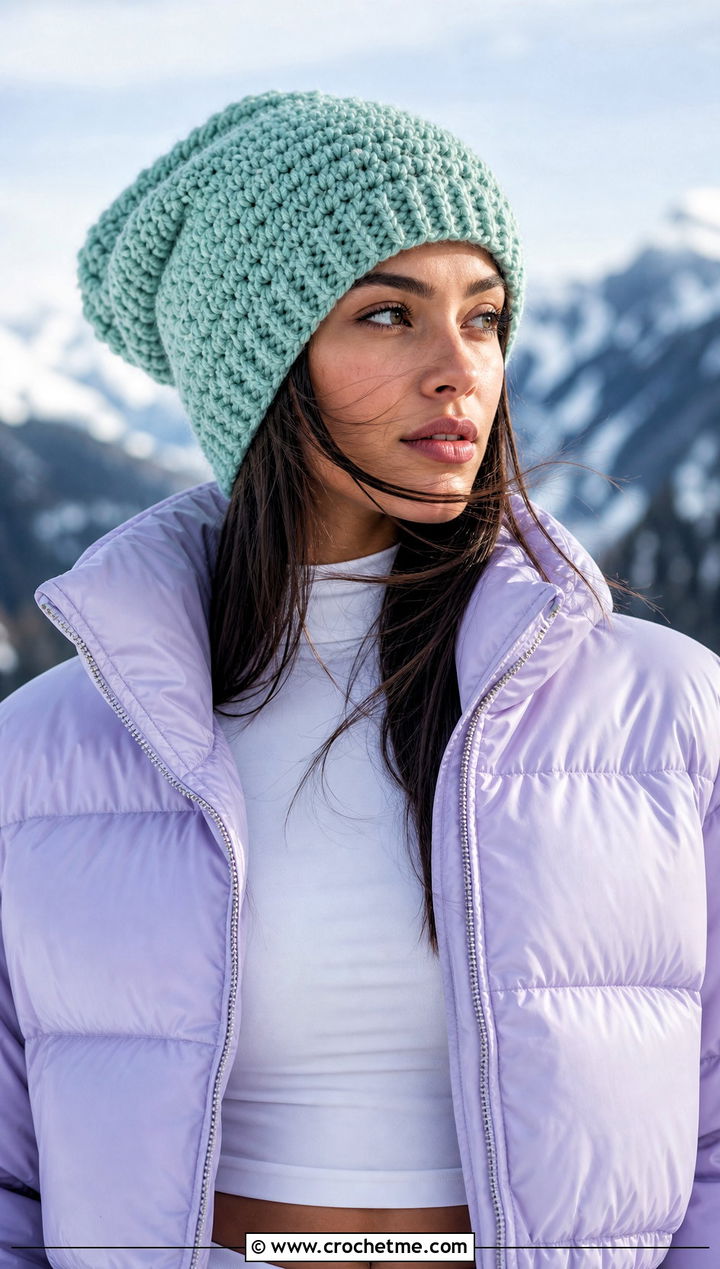 Oversized Crochet Beanie With Cropped Puffer - 35 basic crochet beanie outfit ideas