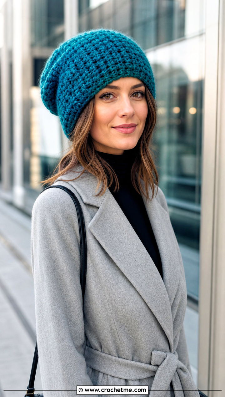 Oversized Crochet Beanie With Duster Coat - 30 winter crochet beanie outfit ideas