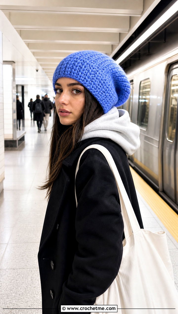 Oversized Crochet Beanie With Hoodie And Tailored Coat - 20 classic crochet beanie outfit ideas