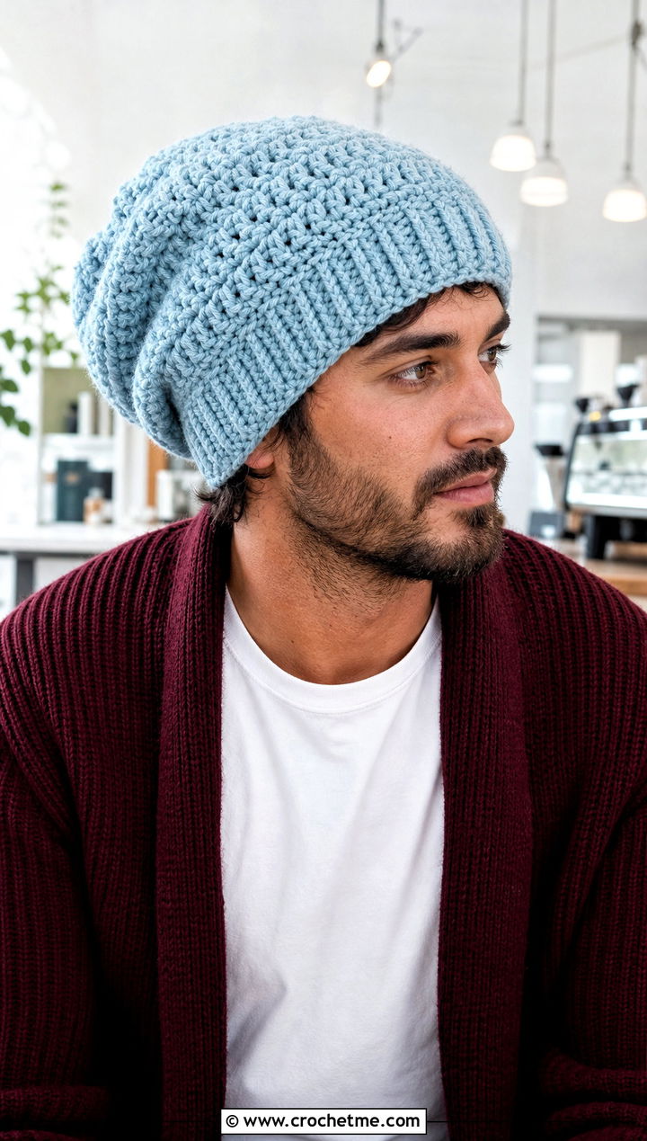 Oversized Crochet Beanie With Long Cardigan - 25 easy men's crochet beanie outfit ideas