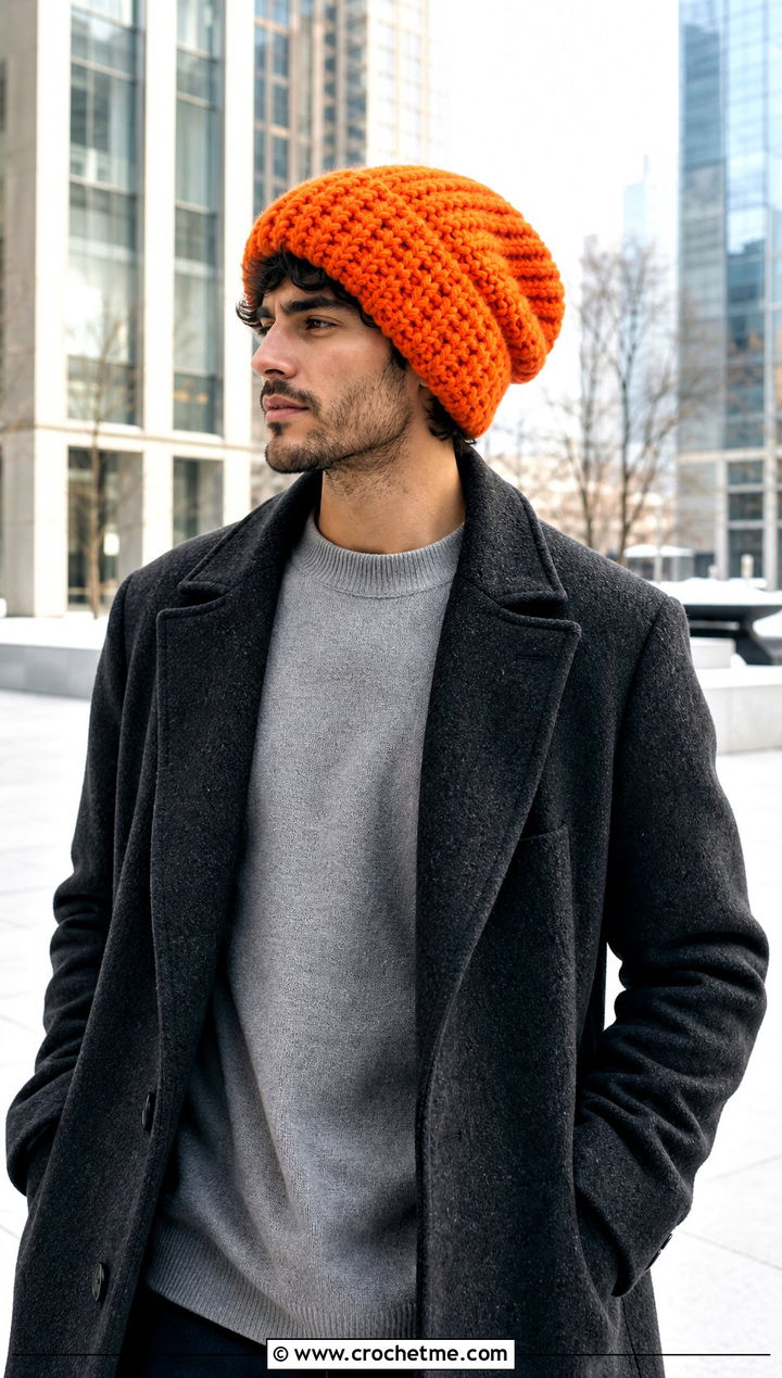 Oversized Crochet Beanie With Long Coat - 25 crochet for men's beanies outfit ideas