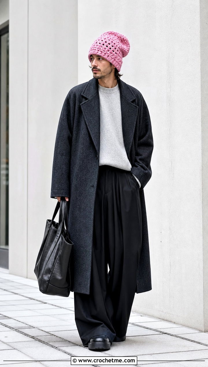 Oversized Crochet Beanie With Longline Coat - 35 mens crochet beanie outfit ideas