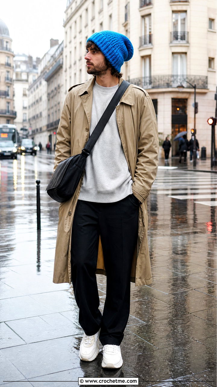 Oversized Crochet Beanie With Trench Coat And Sneakers - 35 crochet beanie for men outfit ideas