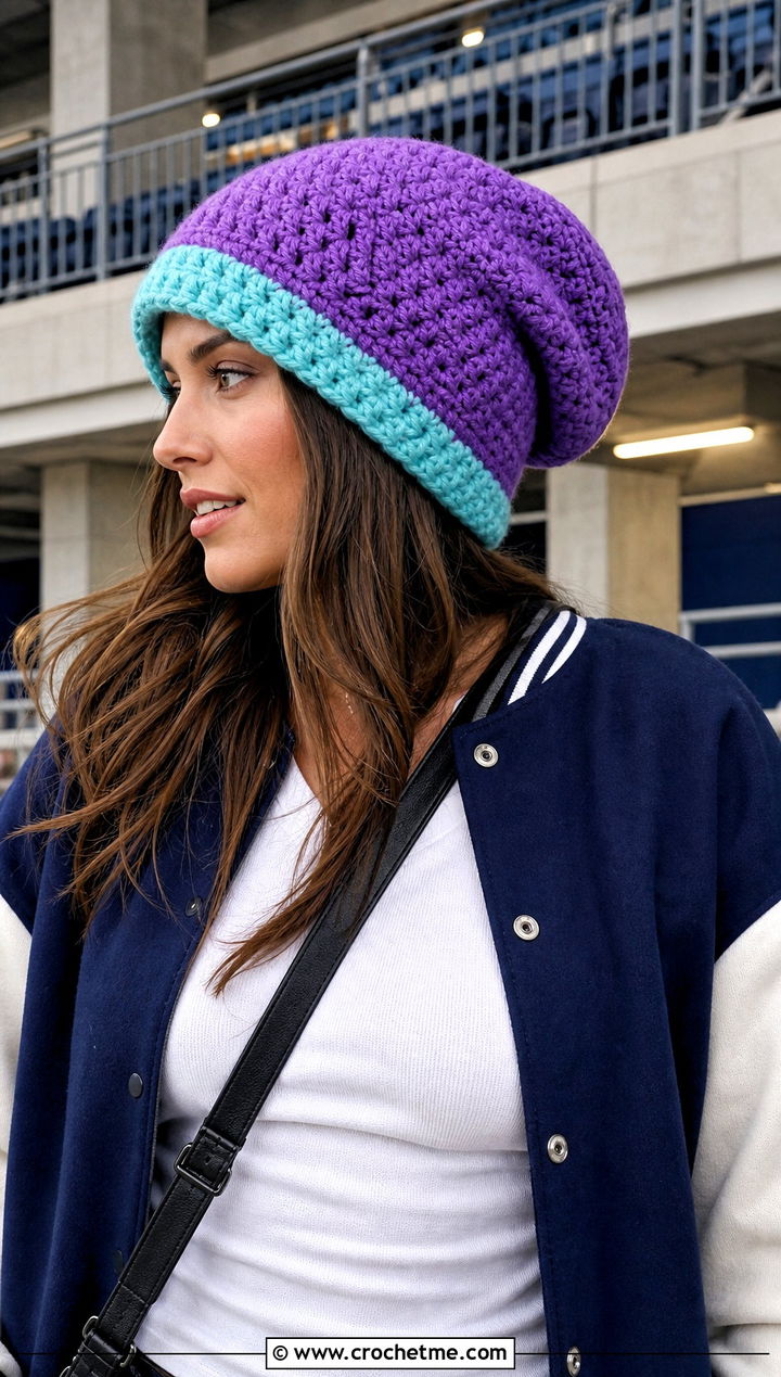Oversized Crochet Beanie With Varsity Jacket And Track Pants - 30 two color crochet beanie outfit ideas