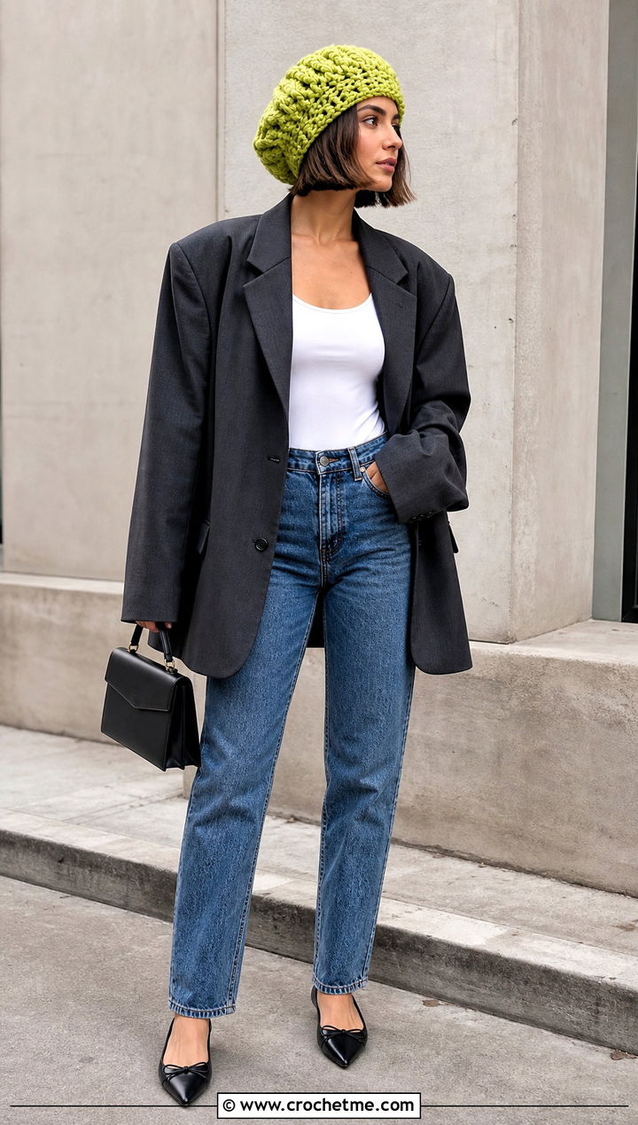 Oversized Crochet Beret With Oversized Blazer - 35 easy crochet beret outfit ideas