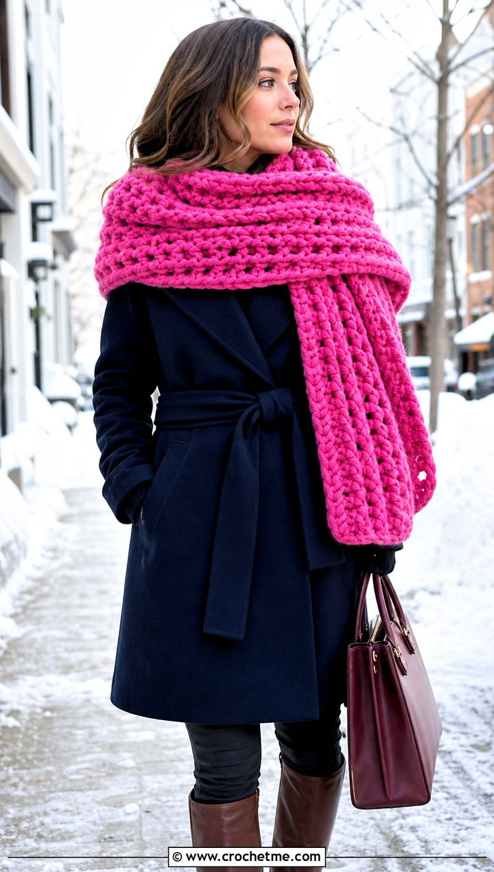 Oversized Crochet Blanket Scarf With Belted Coat - 20 Crochet Scarf For Beginners outfit ideas