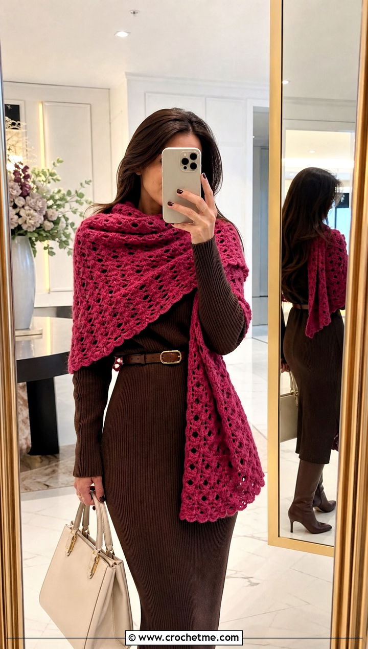 Oversized Crochet Blanket Scarf With Knit Dress - 20 Crochet Textured Scarf outfit ideas