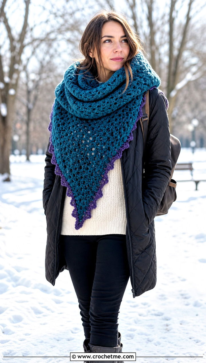 Oversized Crochet Blanket Scarf With Quilted Coat And Boots - 25 Crochet Fun Scarf outfit ideas