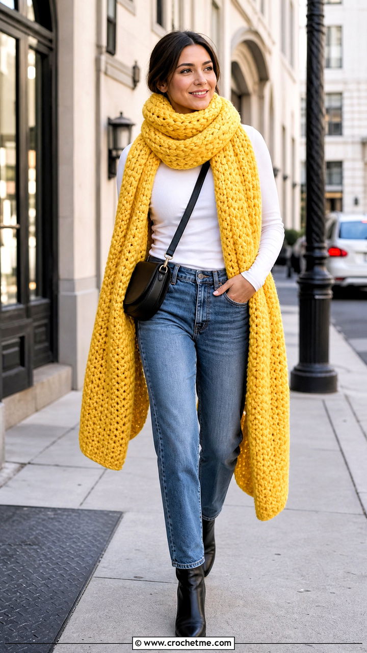 Oversized Crochet Blanket Scarf With Straight Leg Jeans - 35 crochet blanket scarf outfit ideas