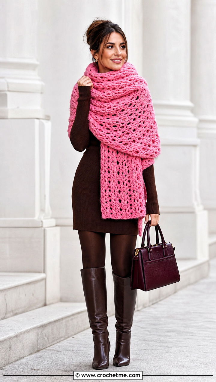 Oversized Crochet Blanket Scarf With Sweater Dress and Boots - 35 Winter Crochet Scarf outfit ideas