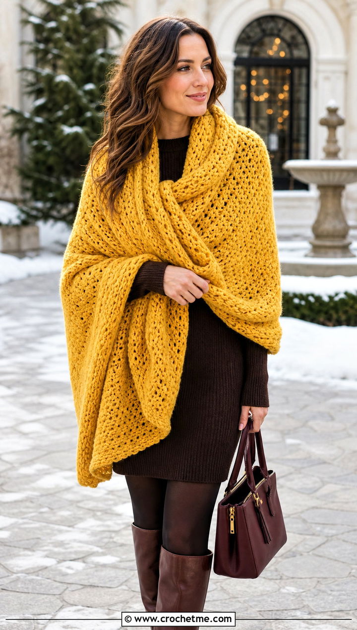 Oversized Crochet Blanket Scarf With Sweater Dress - 30 bulky crochet scarf outfit ideas