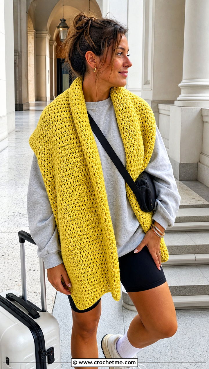 Oversized Crochet Blanket Scarf With Sweatshirt And Biker Shorts - 30 easy crochet scarfs outfit ideas