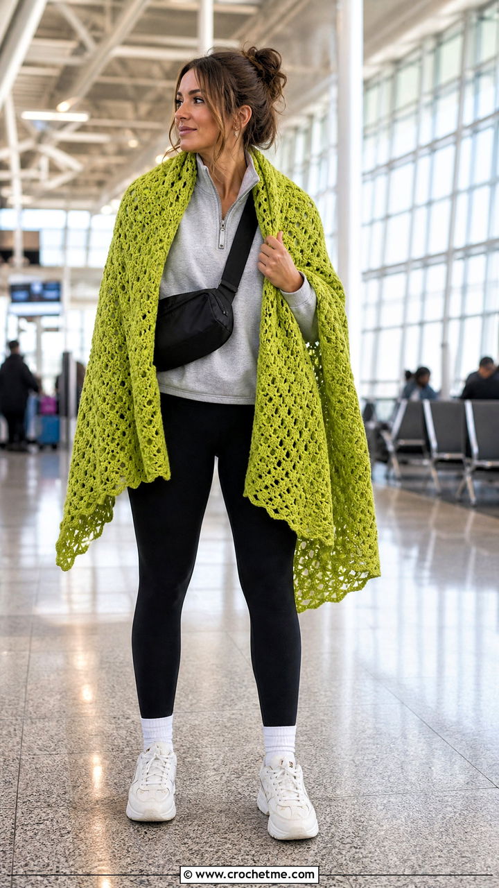 Oversized Crochet Blanket Scarf With Sweatshirt And Leggings - 35 simple crochet scarf outfit ideas