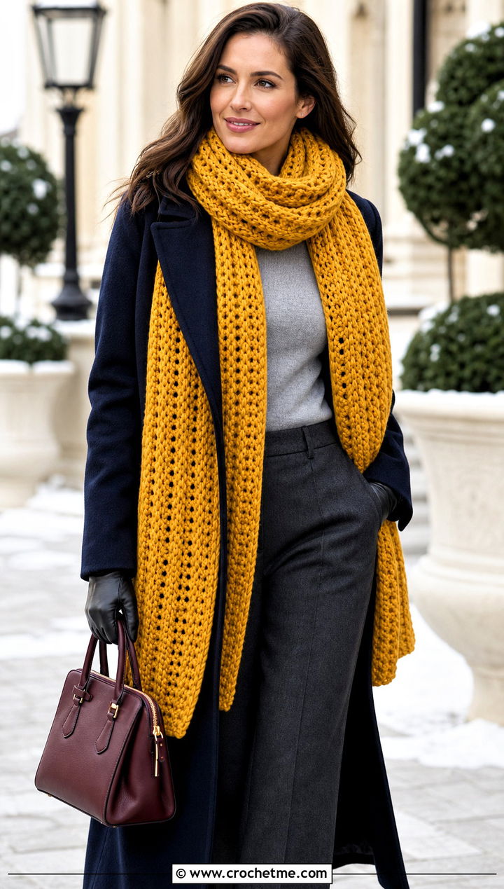 Oversized Crochet Blanket Scarf With Wool Coat - 15 Crochet Unisex Scarf outfit ideas