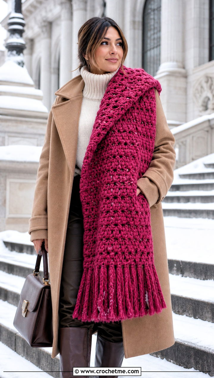 Oversized Crochet Blanket Scarf With Wool Coat - 25 boho crochet scarf outfit ideas