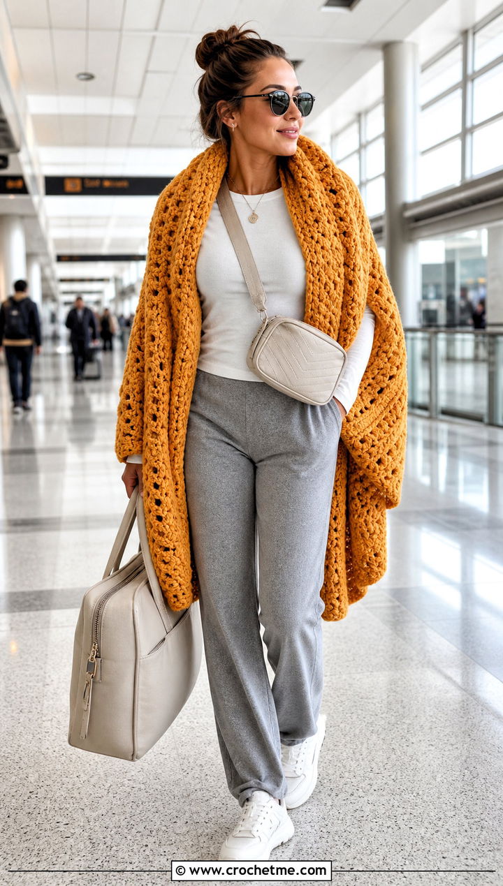 Oversized Crochet Blanket Wrap With An Airport Outfit - 15 Beginner Crochet Wrap outfit ideas