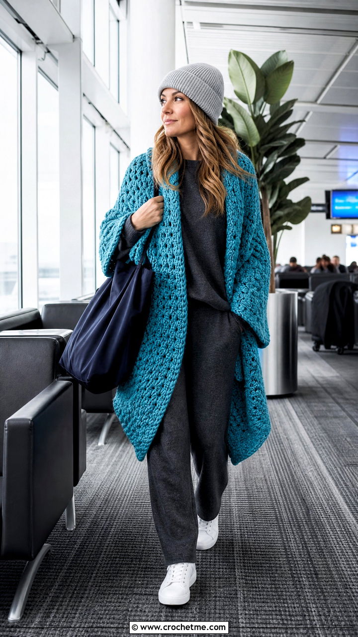 Oversized Crochet Blanket Wrap With Knit Set - 35 crochet wrap outfit ideas