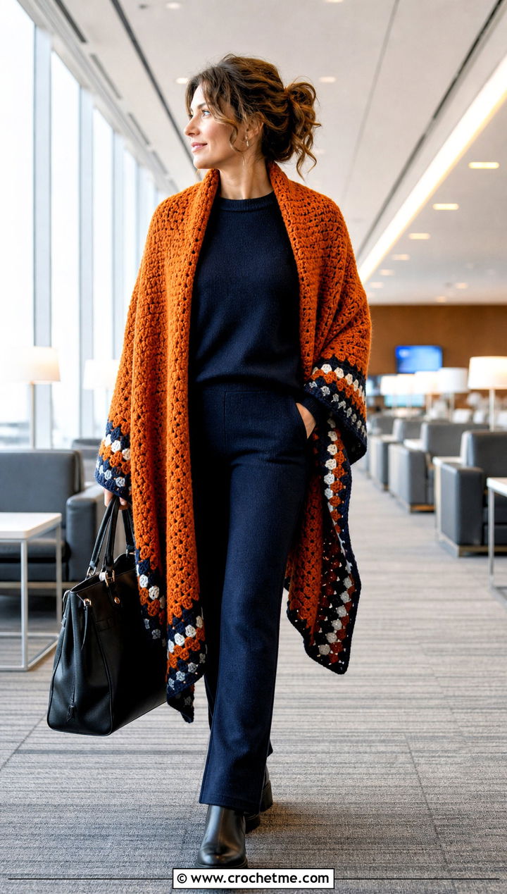 Oversized Crochet Blanket Wrap With Knit Set - 30 crochet shawl wraps outfit ideas
