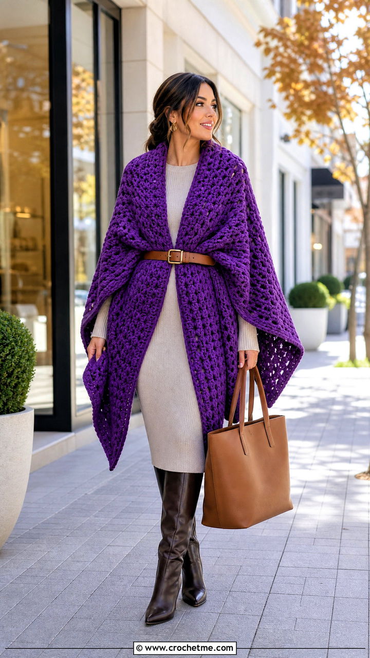 Oversized Crochet Blanket Wrap With Sweater Dress - 35 Crocheted Shawls And Wraps outfit ideas