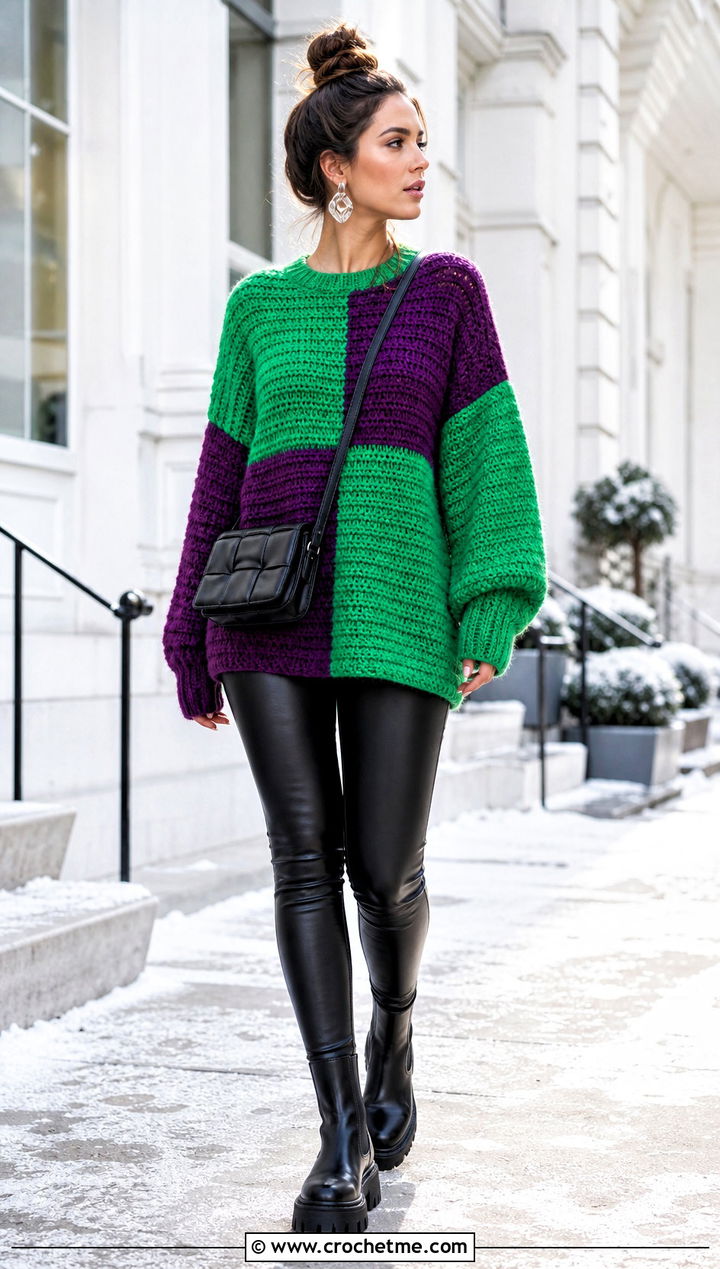 Oversized Crochet Block Sweater With Faux Leather Leggings - 30 crochet block sweater outfit ideas