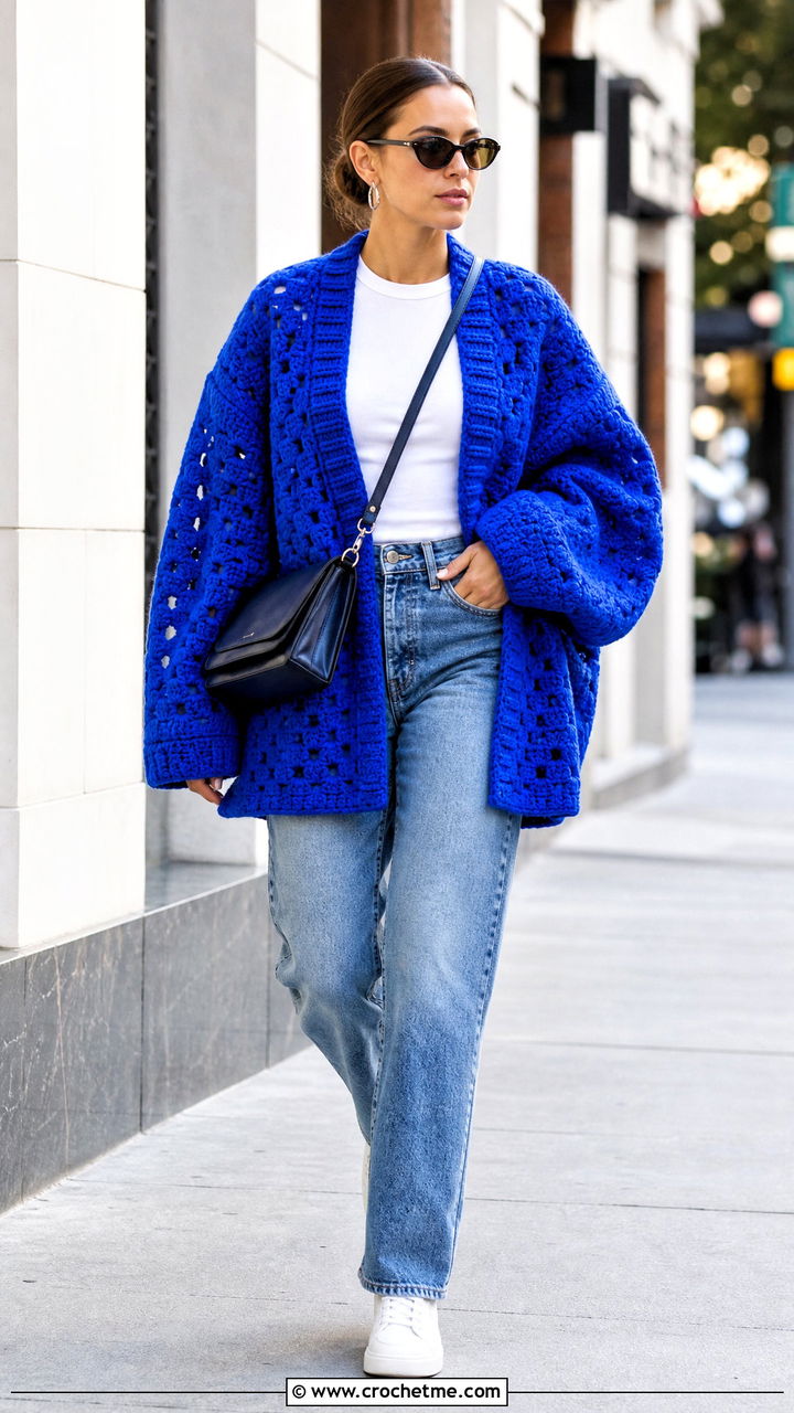 Oversized Crochet Bog Jacket With Straight Leg Jeans - 35 Crochet Bog Jacket outfit ideas