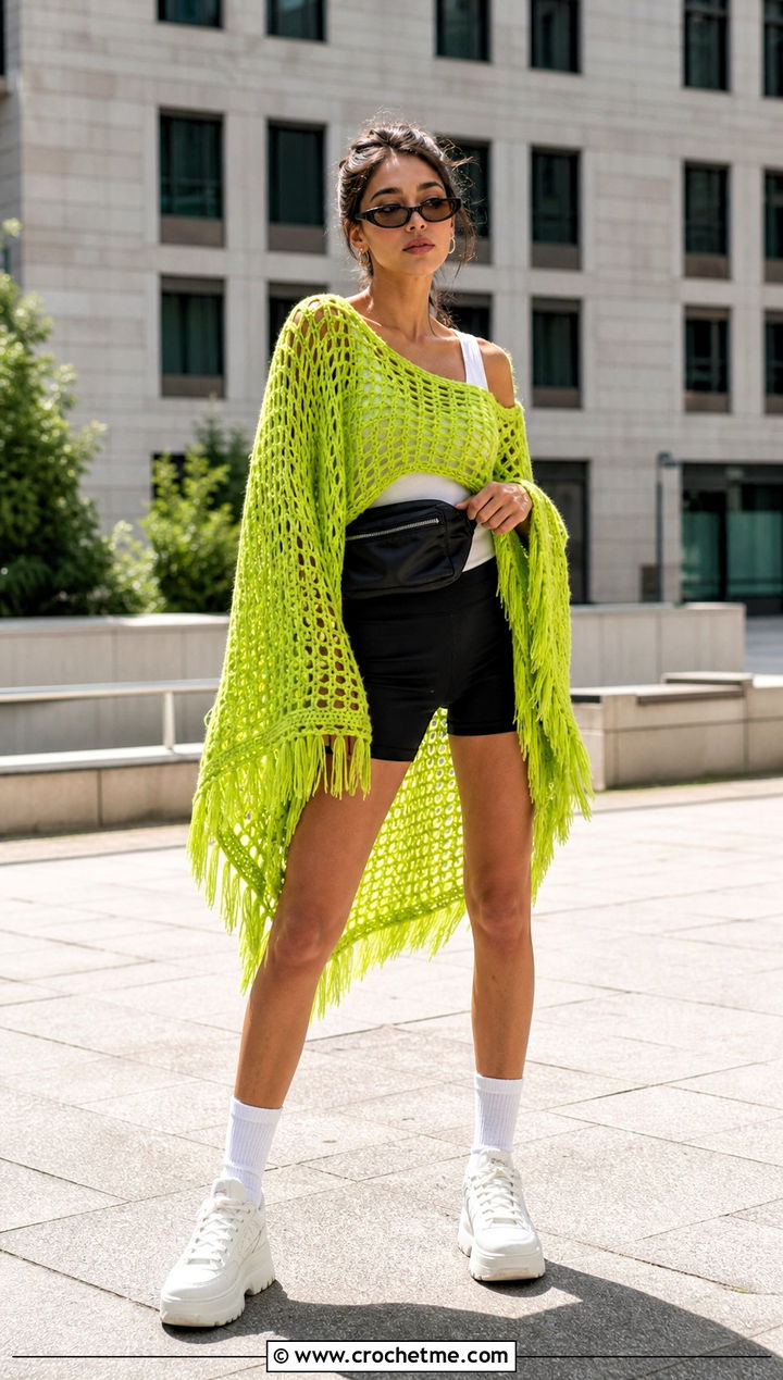 Oversized Crochet Boho Poncho With Biker Shorts - 30 crochet boho poncho outfit ideas