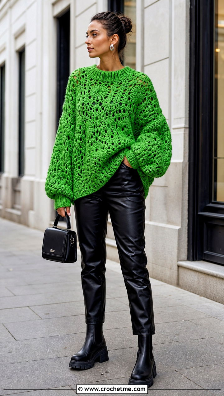 Oversized Crochet Boho Sweater With Faux Leather Pants - 30 crochet boho sweater outfit ideas