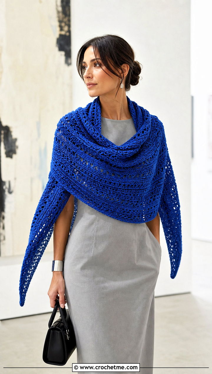 Oversized Crochet Boomerang Shawl Scarf With Column Dress - 15 Crochet Boomerang Scarf outfit ideas