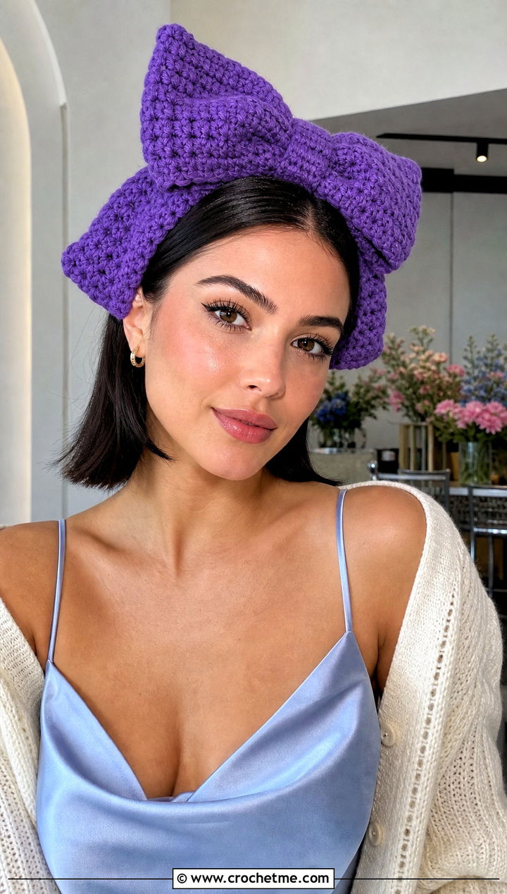 Oversized Crochet Bow Headband With Slip Dress And Cardigan - 30 crochet headband with bow outfit ideas