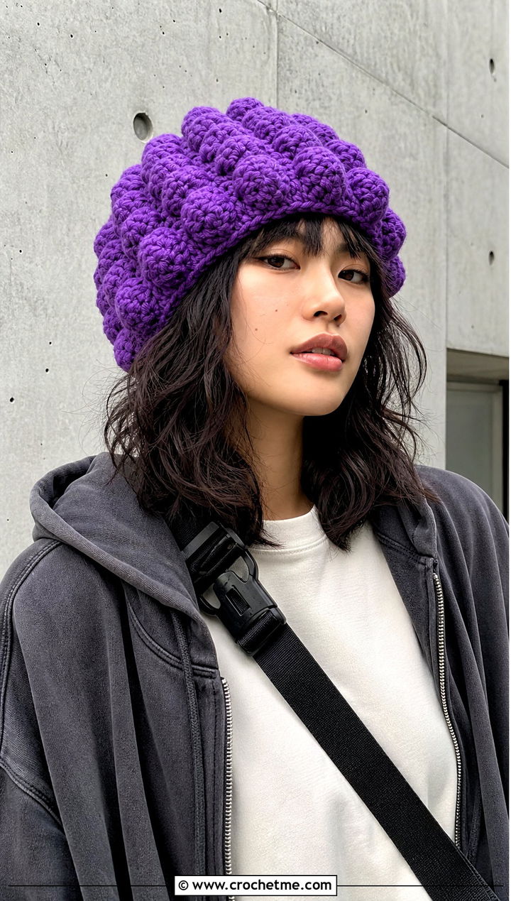 Oversized Crochet Bubble Beanie With Hoodie And Cargo Pants - 20 Crochet Bubble Hat outfit ideas