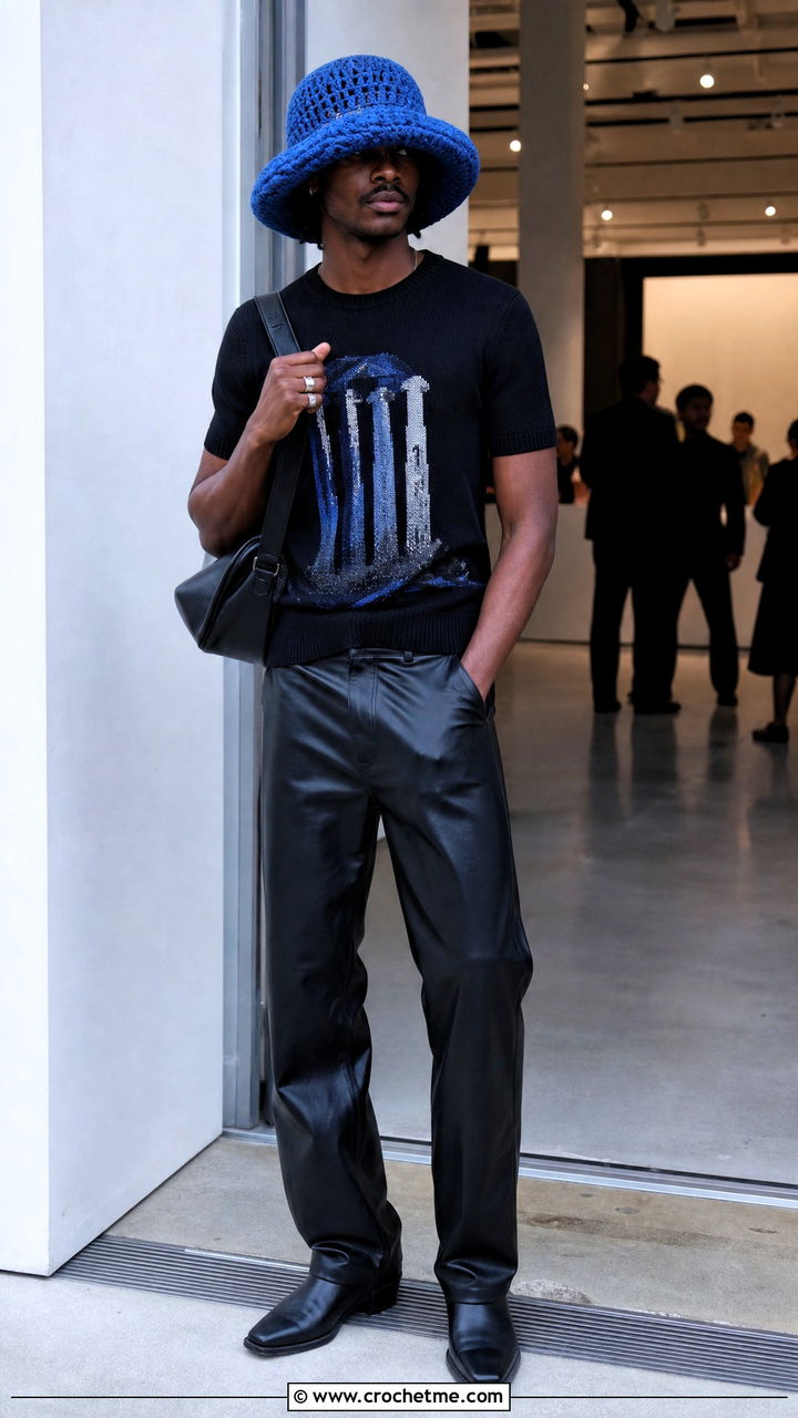 Oversized Crochet Bucket Hat With Graphic Shirt And Leather Pants - 35 crochet hat for men outfit ideas