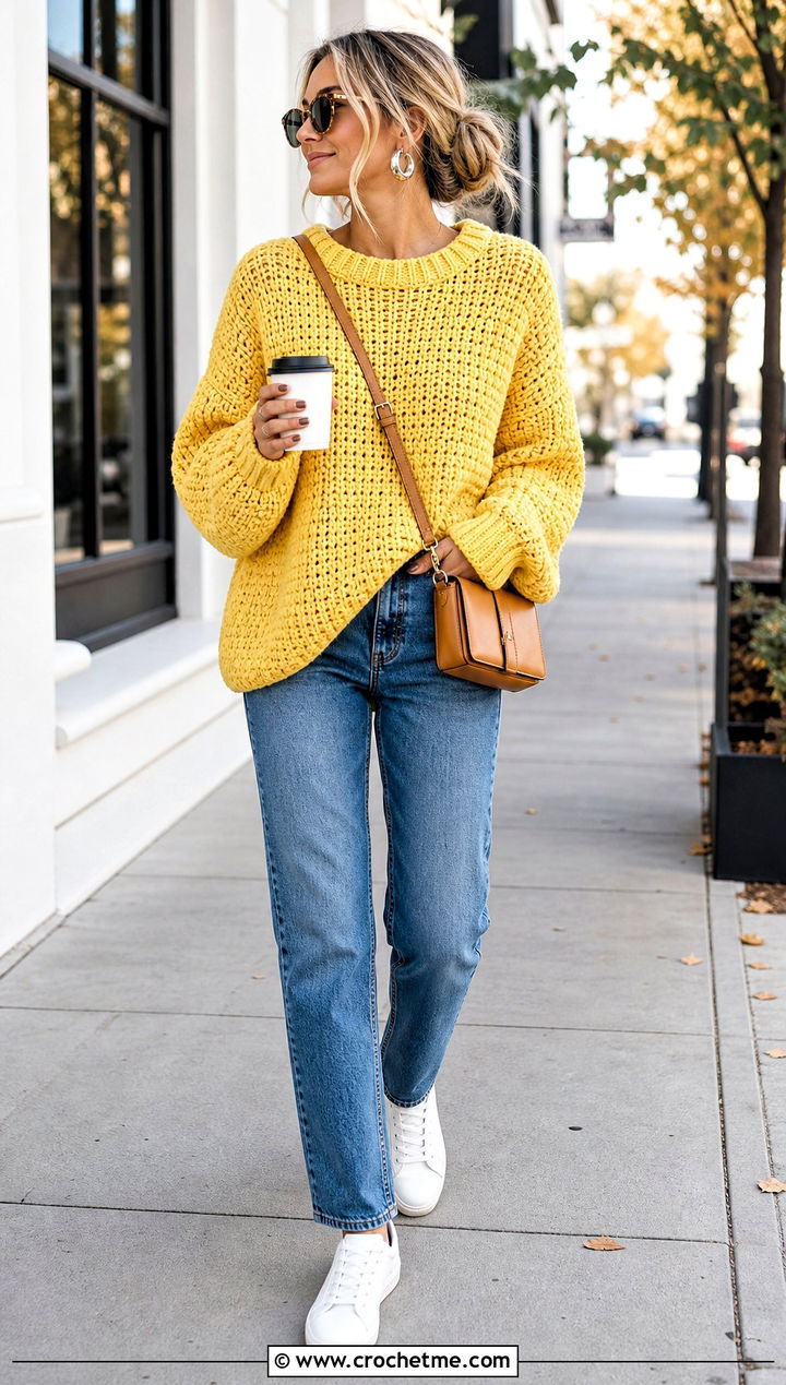 Oversized Crochet Bulky Crewneck Sweater With Straight Jeans - 25 Crochet Bulky Sweater outfit ideas