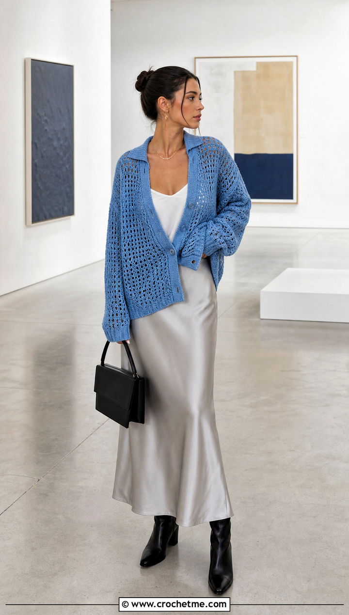 Oversized Crochet Button Sweater With Satin Slip Skirt - 30 Crochet Button Sweater outfit ideas