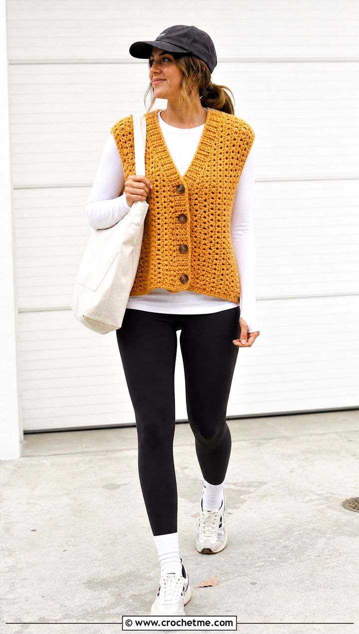 Oversized Crochet Button Vest With Leggings - 35 crochet button vest outfit ideas