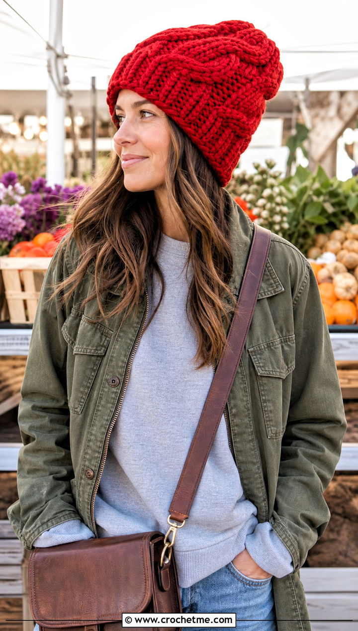 Oversized Crochet Cable Twist Hat With Utility Jacket - 15 Crochet Cable Twist Hat outfit ideas