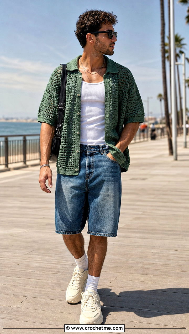 Oversized Crochet Camp Shirt With Denim Shorts - 35 men's crochet shirt outfit ideas