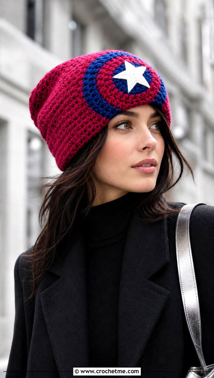 Oversized Crochet Captain America Beanie With Monochrome Outfit - 25 Crochet Captain America Hat outfit ideas