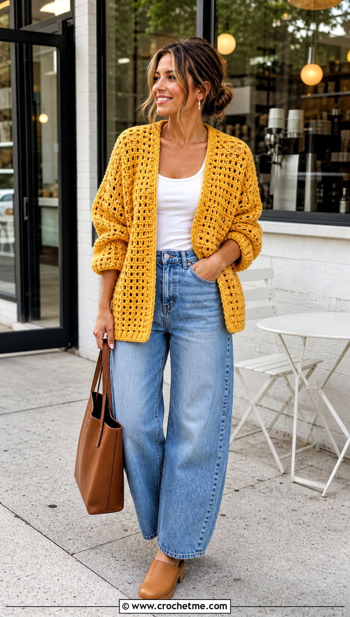 Oversized Crochet Cardigan Jacket With Barrel Jeans - 20 crochet jacket for ladies outfit ideas