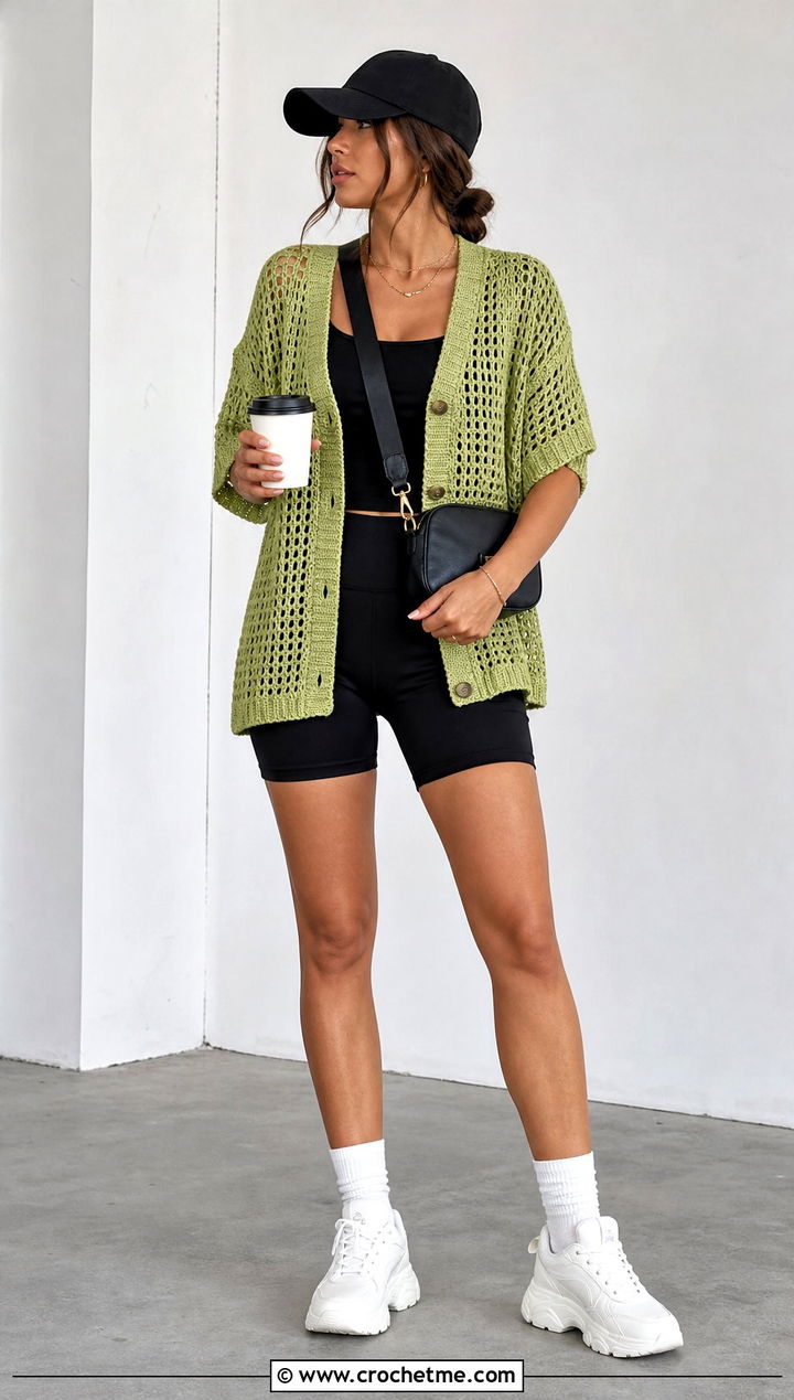 Oversized Crochet Cardigan With Bike Shorts - 30 short sleeve crochet cardigan outfit ideas