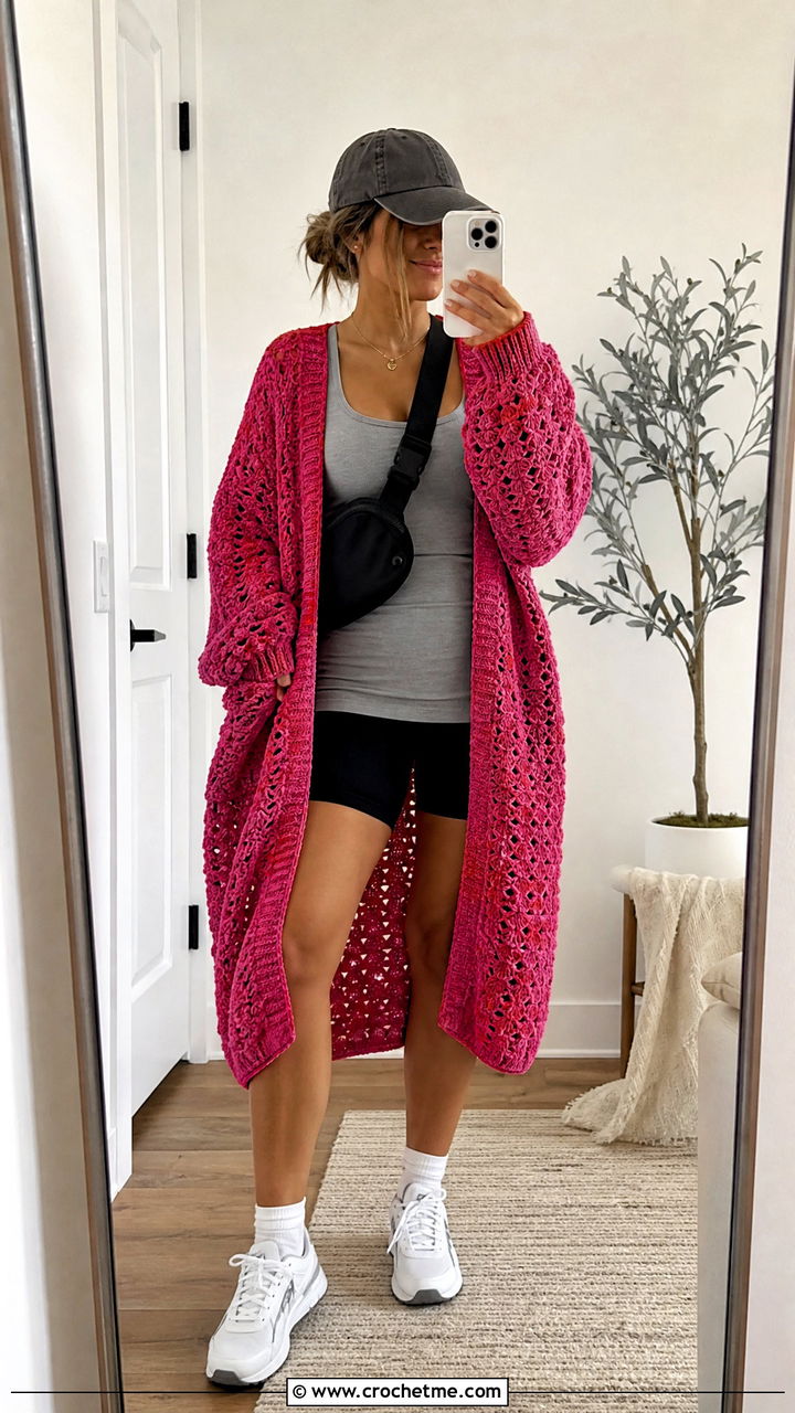 Oversized Crochet Cardigan With Biker Shorts - 35 crochet cardigan for women outfit ideas