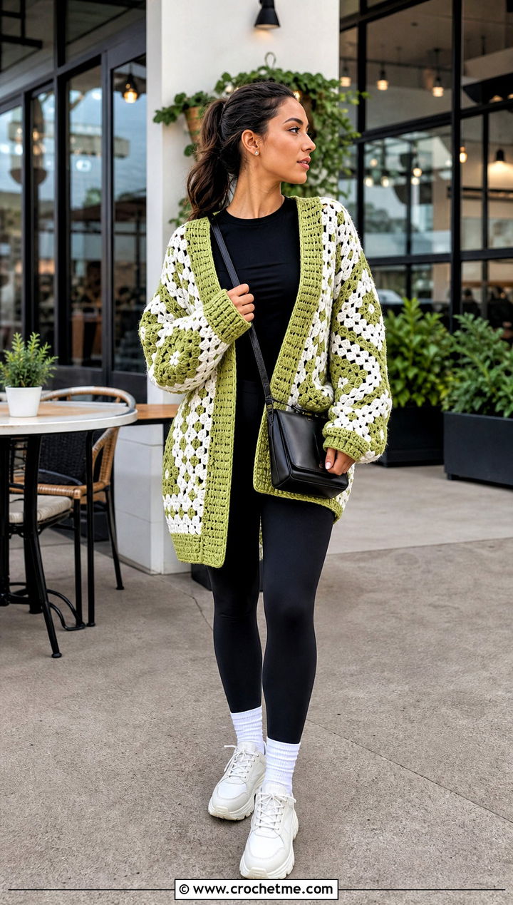 Oversized Crochet Cardigan With Black Leggings - 25 green and white crochet cardigan outfit ideas
