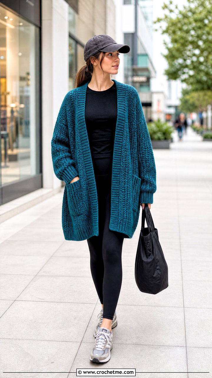 Oversized Crochet Cardigan With Black Leggings - 35 beginner crochet cardigan outfit ideas