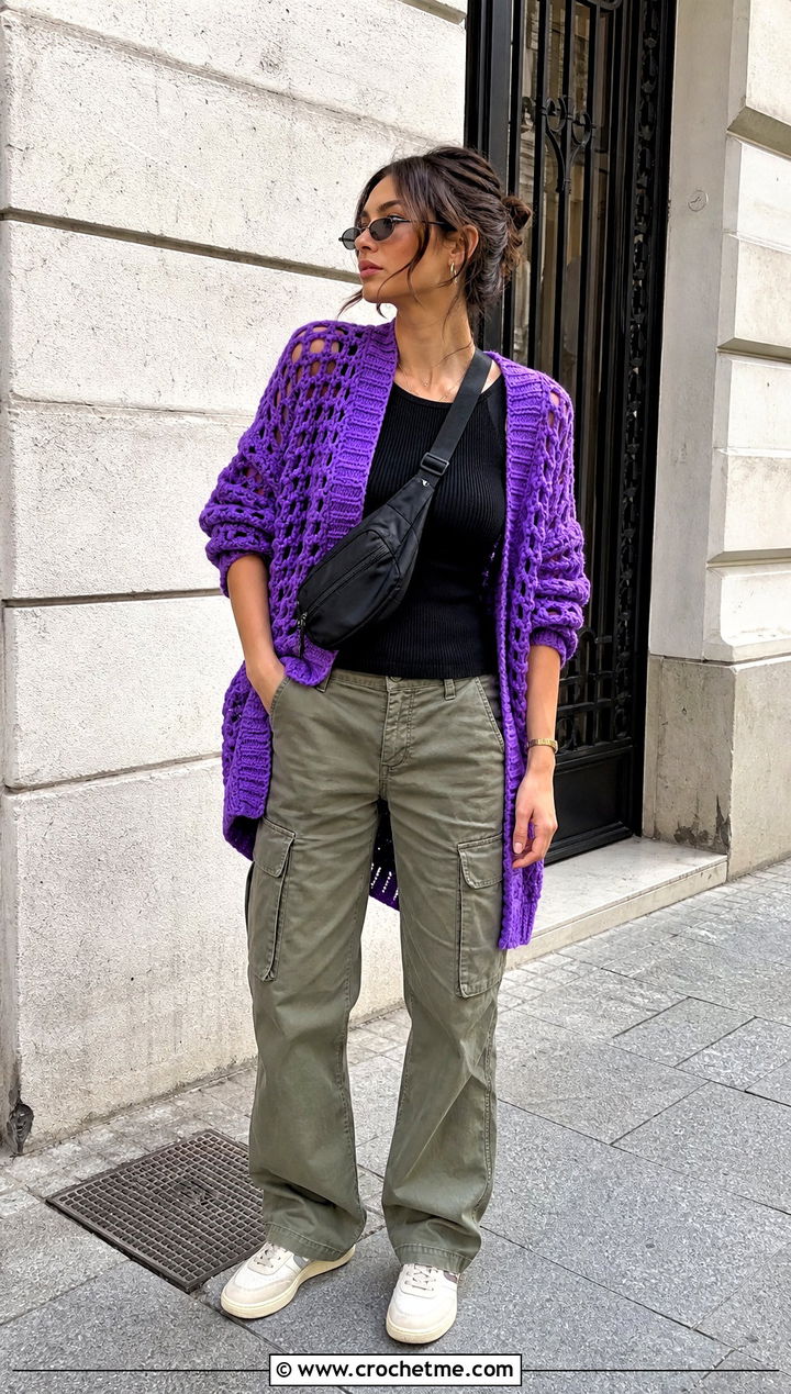 Oversized Crochet Cardigan With Cargo Pants - 15 Easy Crochet Cardigan Sweater outfit ideas
