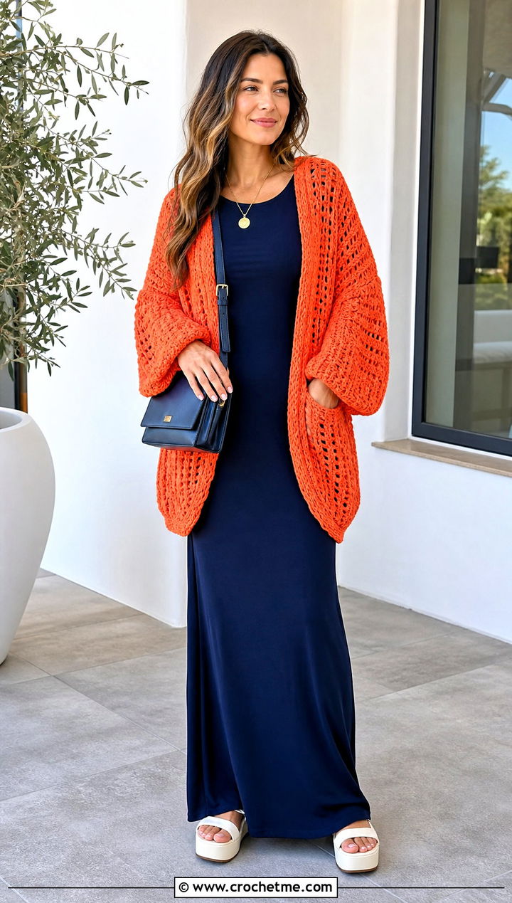 Oversized Crochet Cardigan With Column Maxi Dress - 15 crazy classic crochet cardigan outfit ideas