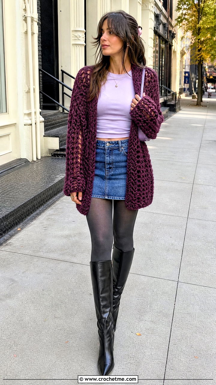 Oversized Crochet Cardigan With Denim Mini Skirt - 35 crochet cardigan ideas