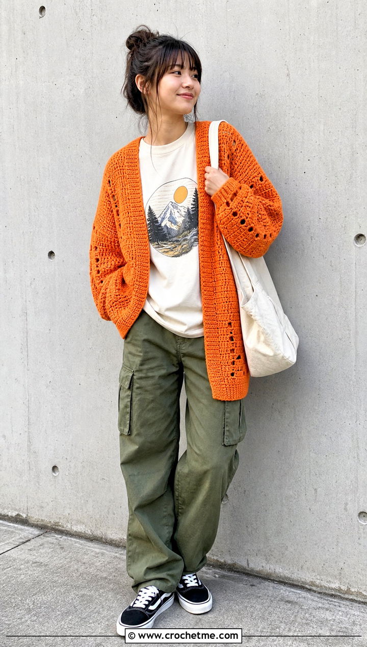Oversized Crochet Cardigan With Graphic Tee And Cargo Pants - 35 Kawaii Crochet Clothes and outfit ideas