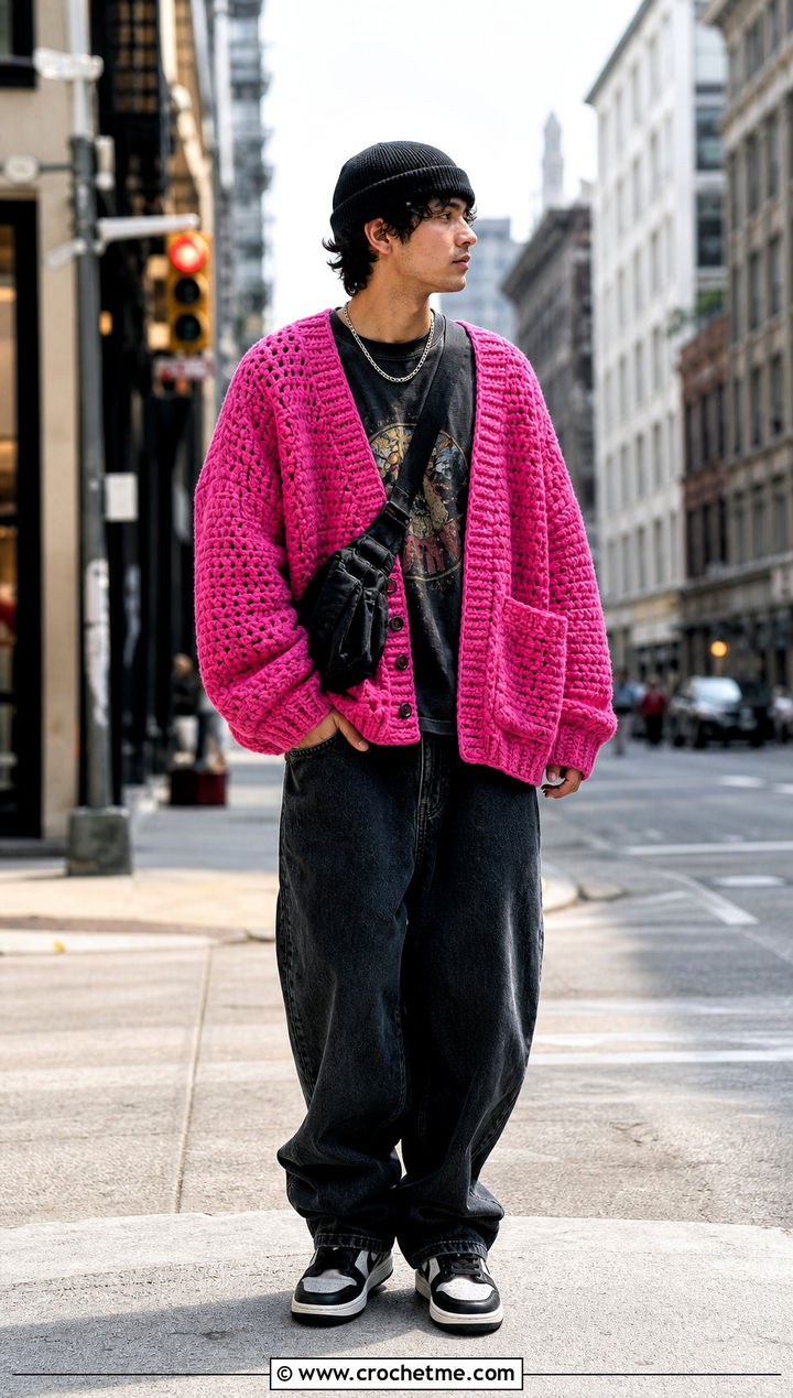 Oversized Crochet Cardigan With Graphic Tee and Baggy Jeans - 20 men's crochet cardigan outfit ideas