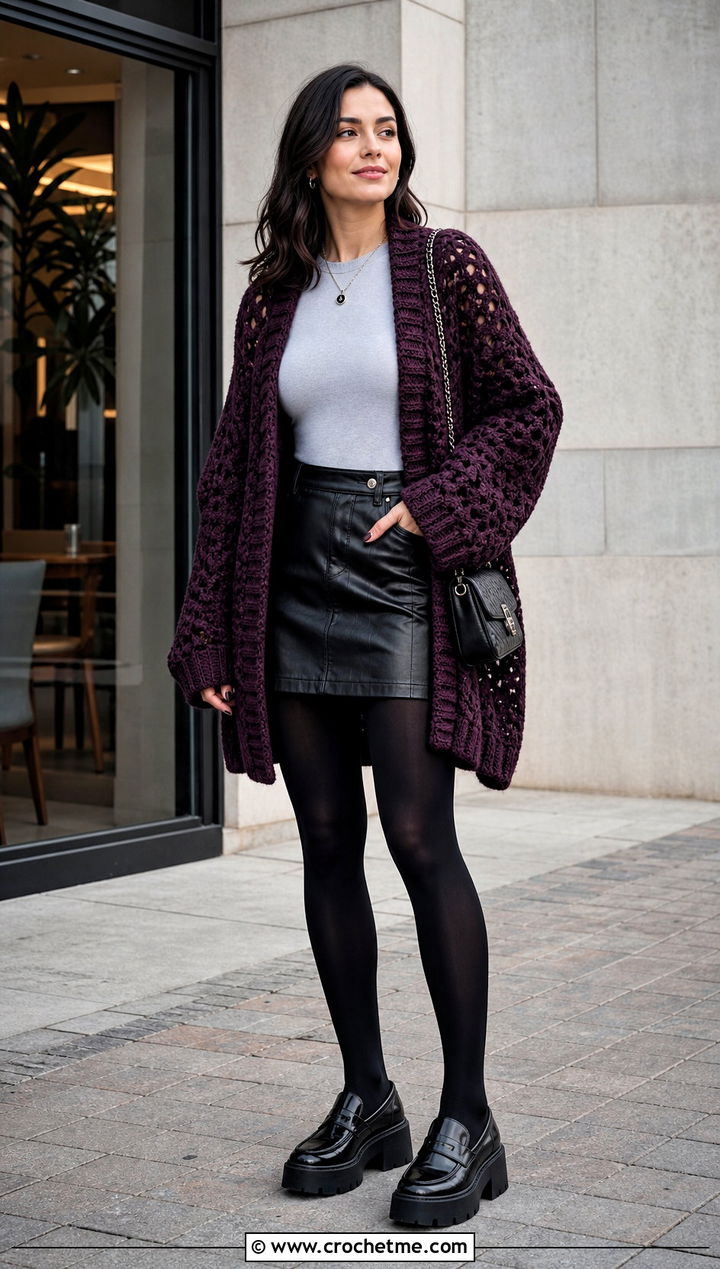 Oversized Crochet Cardigan With Leather Mini Skirt - 30 Edgy Crochet Clothes and outfit ideas