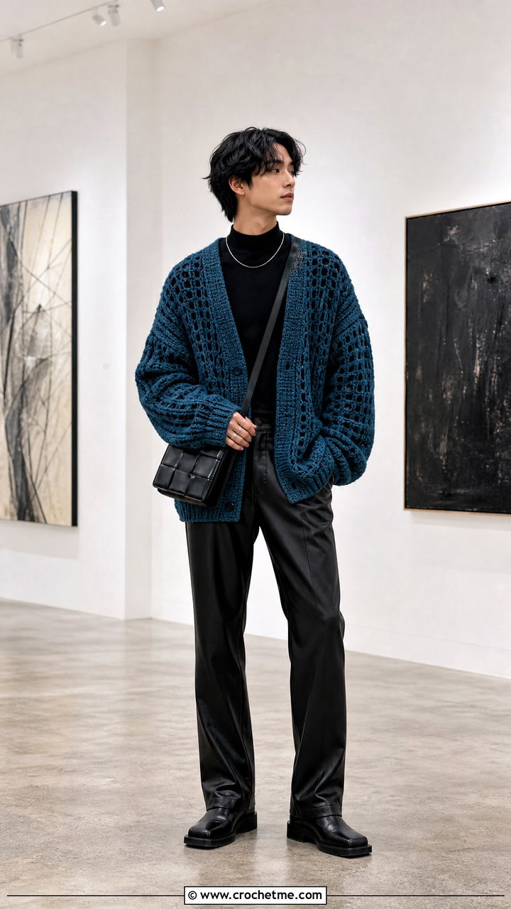 Oversized Crochet Cardigan With Leather Pants - 35 crochet cardigan men outfit ideas